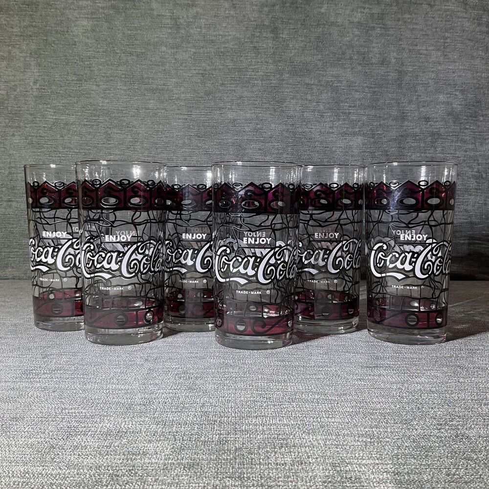 Vintage Coca-Cola Tiffany Style Stained Glass Drinking Glasses -Set Of 6 1970's